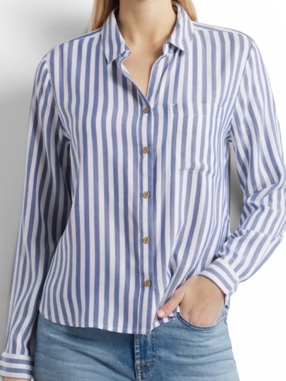 EUC beachlunchlounge Candace Blue White Stripe Button-Up Shirt Sm Coastal Beach